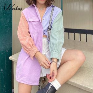 Weekeep Kleurrijke Corduroy Y2k Esthetische Blouse Vrouwen Oversized Streetwear Zakken Patchwork Shirts Harajuku Koreaanse Top Kleding