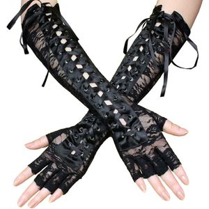 1 Paar Lange Retro Vrouwen Lolita Steampunk Hollow Armband Handschoenen Kant Vintage Tie-Up Black Gothic Cosplay Accessoire Bruid handschoenen