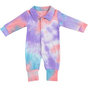 Pasgeboren Baby Geribbelde Romper, tie-Dye Print Turn-Down Kraag Lange Mouw Romper Jumpsuit Voor Jongens En Meisjes