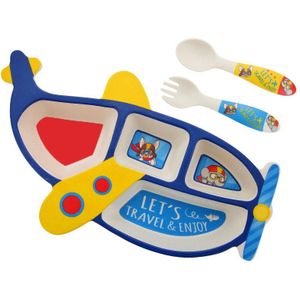 3 Stks/set Bamboevezel Kinderen Plaat Vliegtuigen Vorm Grid Kom Eten Vork Lepel Set Babyvoeding Servies Kids Servies set