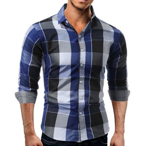 Mannen Mode Slim Fit Lange Mouwen Turn-Down Kraag Plaid Shirts Casual Button Shirt Tops Blauw Rood Mannelijke 'S lente Herfst Kleding