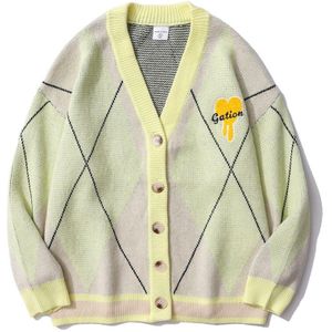 Mannen Harige Letters Borduren Vest Trui Paar Amerikaanse Hart Jacquard Diamant Plaid Casual Trui V-hals Oversized Jas