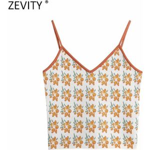 Zevity Vrouwen V-hals Flower Print Afslanken Gebreide Sling Trui Femme Spaghetti Bandje Korte Vest Chic Crop Tops s515
