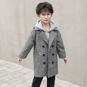 Herfst Tiener Jongens Wollen Jassen Koreaanse Lange Stijl Plaid Windjack Double-Breasted Geul Bovenkleding Kinderen Jas Kids Jassen