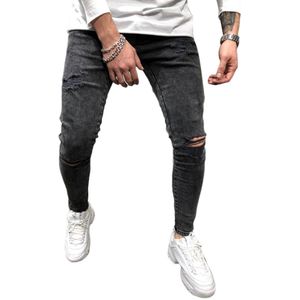 Mode Mannen Skinny Fit Ripped Broek Vernietigd Comfy Stretch Slanke Gat Jeans Potlood Broek Grijs