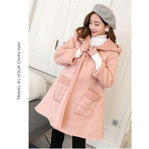 Roze Fluwelen Moederschap Jassen Hooded Losse Lange Jassen Kleding voor Zwangere Vrouwen Herfst Winter Zwangerschap Uitloper Met Pocket