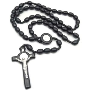 Jezus Houten Kralen 8Mm Rozenkrans Bead Kruis Hanger Ketting Geweven Touw Ketting Sieraden Accessoires