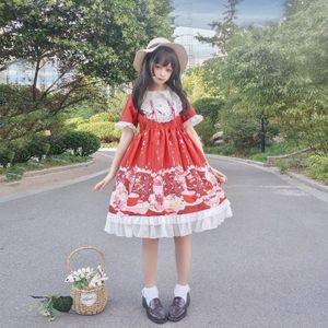 Harajuku Zomer Jsk Sweet Cartoon Print Lolita Jurk Roze Rood Schattige Pop Kraag Zachte Zus Korte Mouwen Thee Party op Jurken