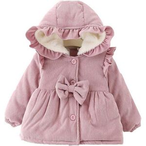 Peuter Baby Meisje Corduroy Dikke Warme Hooded Bovenkleding Jassen Plus Fluwelen Winter Katoen Effen Strik Jassen Outfit 6M-3Y