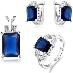 Vrouwen 925 Sterling Zilveren Sieraden Sets Accessoire Blue Cz Hanger Ketting Ring Set Voor Bruiden Sieraden