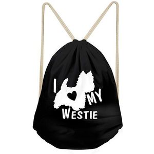 FORUDESIGNS Grappige Hond West Highland White Terrier Print Jongens Meisjes Zwart/Wit Trekkoord Tassen Kids Rugzakken Casual Strand Tassen