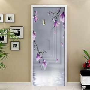 Home Decoratie Deur Stickers Paarse Bloemen Vlinder Woonkamer Slaapkamer Decoratie Deur Decals Waterdichte Zelfklevende