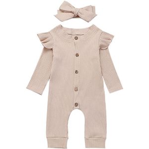 Baby Lente Herfst Kleding Pasgeboren Baby Meisje Gebreide Katoenen Romper Effen Kleur Ruche Jumpsuit + Hoofdband 2 Stuks Outfits 0-24M