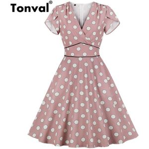 Tonval Vintage EEN Lijn Polka Dot Roze Jurk Vrouwen Korte Mouw Zomer Zakken Swing Jurken Fit en Flare Skater jurk