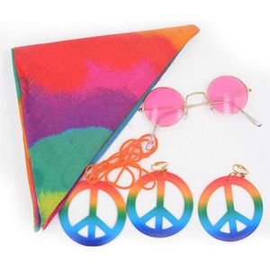 Hippie Zonnebril Vrede Teken Hanger Oorbellen Rainbow Kap 60 Of 70&#39;s Hippie Jurk Up Accessoires Decoratieve Set
