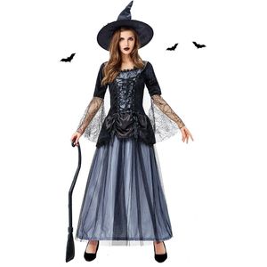 Halloween Volwassen Vrouw Cosplay Heks Kostuum Nachtclub Lace Scherm Garen Temperament Blauw Zwarte Heks Jurken