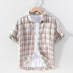 100% Zuiver Linnen Korte Mouwen Shirt Voor Mannen Zomer Turn-Down Kraag Tops Mens Kleding Trends Plaid hennep Overhemd