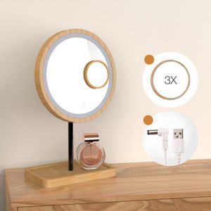 Houten Desktop Led Make-Up Spiegel 3X Vergrootglas Usb Opladen Verstelbare Bright Diffuus Licht Touch Screen Beauty Spiegels
