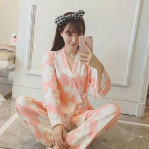 Mode Vrouwen Print Sweet Womens Lange Mouw Kimono Pyjama Sets Warm Dames Nachtkleding V-hals Japanse Stijl Thuis Kleding