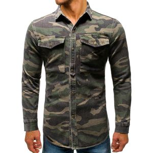 Denim Shirt Mannen Camouflage Jean Lange Mouwen Casual Shirts Hoogwaardige Hip Hop Streetwear Sportkleding Overalls Uitloper