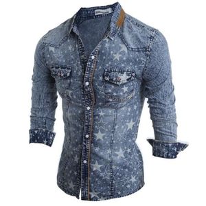 Mannen Denim Shirt Lange Mouw Tops Koreaanse Mode Cowboy Geometrische Casual Shirts Aziatische Maat Herenkleding