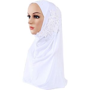 Vrouwen Effen Kleur Kant Strass Moslim Hijab Wrap Islamitische Sjaal Cap Head Cover