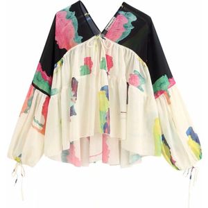 Aankomst Vrouwen Patchwork Print Casual Kimono Blouses Dames V-hals Chic Kiel Overhemd Chiffon Femininas Blusas Tops LS6397
