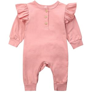 Herfst Winter Baby Kids Baby Meisjes Rompertjes Ruches Solid Button Lange Mouw Jumpsuits Kleding 2 Kleuren 0-18M