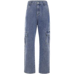Meqeiss Mode Zakken Patchwork Hoge Taille Jeans Vrouwen Streetwear Straight Jean Femme Blauw 100% Katoen Cargo Broek