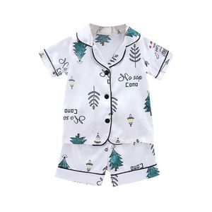 Zomer Jongens Pyjama Nachtkleding Katoen Kerstboom Print Korte Mouw Zijden Blouse Tops Broek Homewear Nachtkleding Kind Pyjama Set