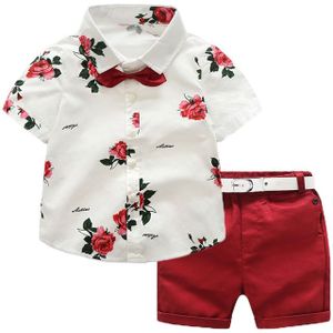 Gloednieuwe Bloemen Baby Boy Gentleman Outfits Pak Korte Mouwen Peuter Strikje Shirt Tops + Red Shorts Zomer Set kids Kleding 1-7T