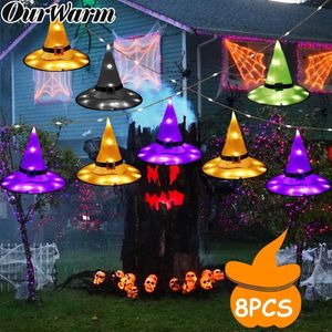 Ourwarm 8Pcs Halloween Heks Hoed Met Led Licht Gloeiende Heksen Hoed Opknoping Halloween Decor Suspension Boom Gloeiende Hoed Voor kids