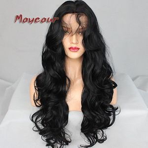 Maycaur Zwarte Kleur Synthetische Lace Front Pruiken voor Zwarte Vrouwen 180 Dichtheid Lange Golvende Pruik met Baby Haar