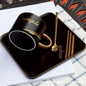 Porselein Koffie Cup Eenvoudige Gouden Rand Luxe Ontbijt Arabische Koffie Set Met Lepel Zwarte Tazas Cafe Huis Tuin BE50CU