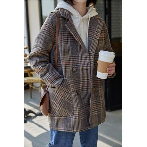 Realeft Vintage Double Breasted Plaid Wollen Blazer Lange Mouw Turn Down Kraag Herfst Winter Vrouwen Jas Vrouwelijke
