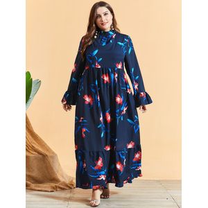 Herfst Winter Jurk Vrouwen Stand Kraag Lange Mouwen Bloemenprint Bohemian Jurk Hoge Taille Plus Size Vrouwen Kleding