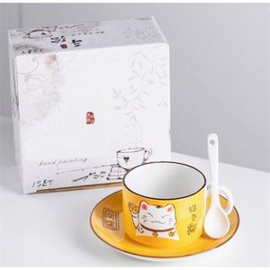5 kleuren Handwerk Lucky Cat Manekineko Keramische Tea Cups Mokken Schotel Lepel 3PCs
