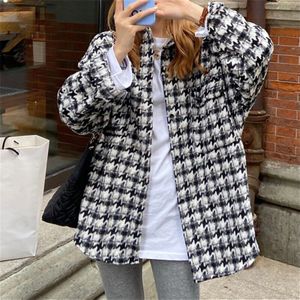 Aelegantmis Lente Koreaanse Chic Losse Houndstooth Wollen Blouse Shirt Vrouwen Zachte Warme Turn Down Kraag Overjas Vrouwelijke Toevallige