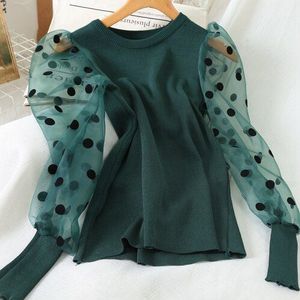 Neploe Lente Dot Print Mesh Patchwork Vrouwen Trui Toevallige O Hals Lange Mouwen Truien Slim Fit Vrouwelijke Tops 80864