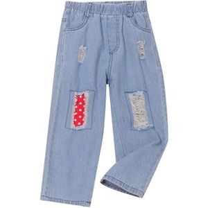 Herfst Baby Broek Blauw Baby Meisje Jeans 3-7 Jaar Kinderen Bloemenprint Solid Straight Denim Ripped Broek