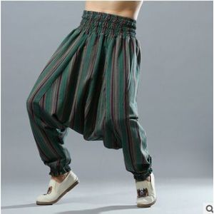 Mannen Gestreepte Elastische Taille Bloeiers Herfst Vloeistof Grote Kruis Broek Mannelijke Traditionele Losse katoen Linnen Harembroek Indian 092303