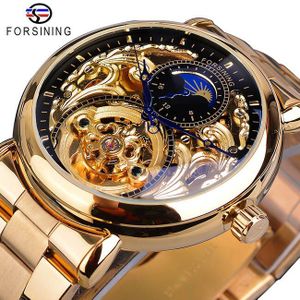 Forsining Koninklijke Luxe Moon Phase Mens Golden Transparante Open Werk Automatische Mechanische Horloge Top Luxe