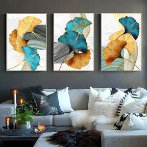 Ginkgo Biloba Blauw Groen Geel Goud Abstract Poster Nordic Canvas Print Plant Blad Wall Art Schilderij Moderne Picture Room Decor