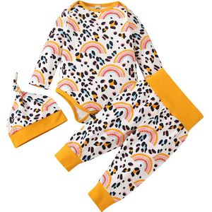 Baby Jongens Meisjes Vallen Outfits Leuke Lange Mouwen Luipaard Regenboog Print Romper + Broek + Top Knoop Hoed 3Pcs set
