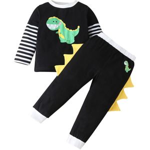 Emmababy Peuter Baby Boy Kleding Cartoon Dinosaurus Print Ronde Hals Lange Mouw Gestreepte Sweater Elastische Lange Broek 2 Stuks Outfit