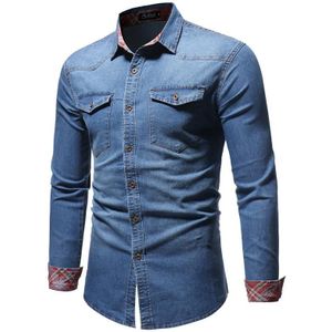 Jeans Shirt voor Mannen Lange mouw Gevoerd Plaid Denim Shirt mannen Casual Slim Leisure Blouse Man Grijs Blauw Zwart