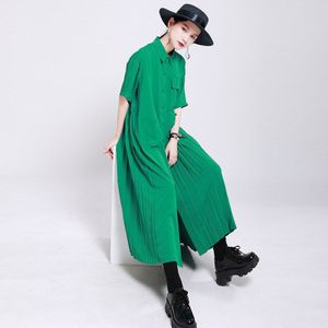 [Eam] Vrouwen Groene Geplooide Split Big Size Shirt Jurk Revers Half Mouw Losse Fit Tij Voorjaar zomer 1W199