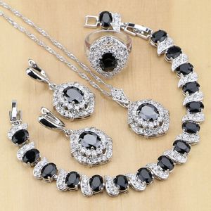 Ovale 925 Zilveren Sieraden Zwarte Cz Wit Zirconia Sieraden Sets Voor Vrouwen Party Oorbellen/Hanger/Ketting/ringen/Armband