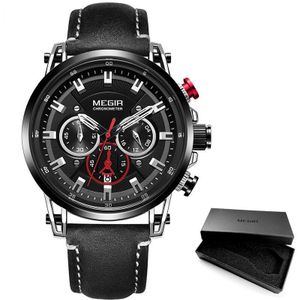 Megir Mannen 24 Uur Quartz Horloges Lederen Band Chronograaf 3atm Waterdicht Army Horloge Man Relogios Masculino 2085 Zwart