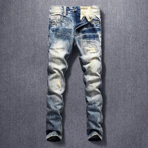 Italiaanse Stijl Mode Mannen Jeans Slim Fit Ripped Denim Broek Retro Wassen Patchwork Vintage Hip Hop Broek